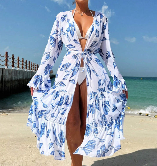 Kimono Hojas Azul y Blanco